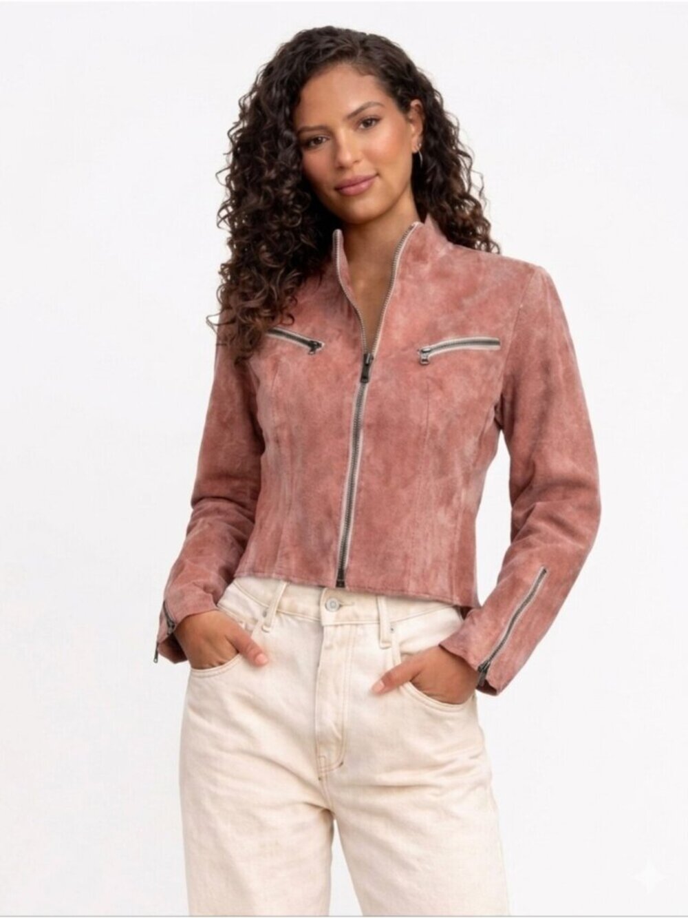 John Carlisle Vintage Dusty Rose Distressed Leather Moto Fitted Jacket